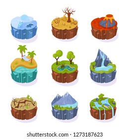 Isometric 3d islands, for computer game, with island natural landscape of earth. Gaming elements, interface of soil with plants, rivers, deserts, lava, marshe, snow-covered earth. Vector illustration.