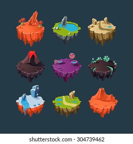Isometric 3d Islands mountains lake waterfall volcano, Elements for games