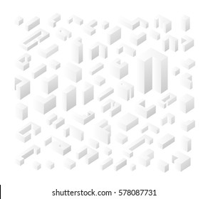 Isometric 3D isolated white icons set of real estate commercial, residential and industrial flat building, houses, home web button