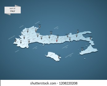 Isometric 3D Italy map,  vector illustration with cities, borders, capital, administrative divisions and pointer marks; gradient blue background.  Concept for infographic.