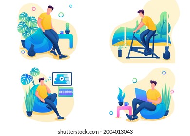 Isometric 3D. Kit Of Illustrations For Web Design. Man Is At Home, Working, Studying, Playing Sports.