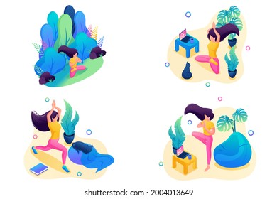 Isometric 3D. Kit Of Web Design With Beautiful Illustrations About Yoga.