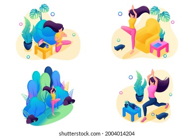 Isometric 3D. Kit Of Web Design With Beautiful Illustrations About Yoga.