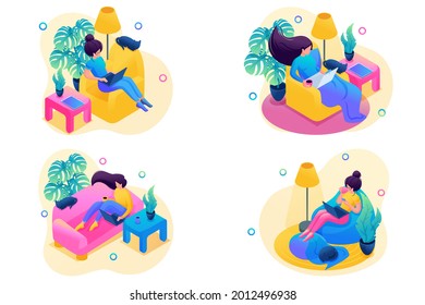 Isometric 3D. Kit of Web Design With Bright Illustrations Of a Girl Working At Home