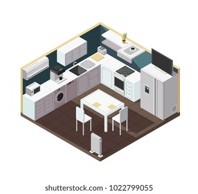 Isometric 3d kitchen interior with household appliance, equipment and furniture vector illustration. Kitchen and stove, household isometric equipment for cooking