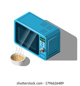 Isometric 3D Kitchen Microwave Oven With Bowl Of Soup Equipment Appliances Element Vector Design Style