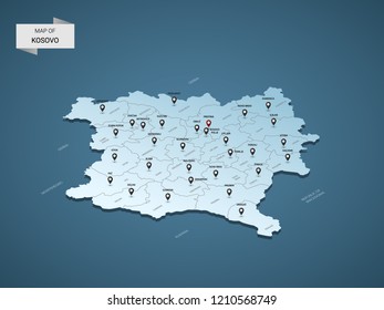 Isometric 3D Kosovo map,  vector illustration with cities, borders, capital, administrative divisions and pointer marks; gradient blue background.  Concept for infographic.