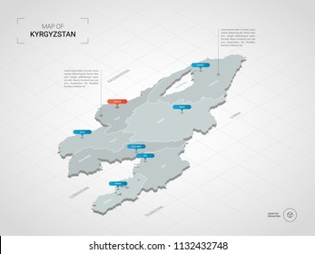 Isometric  3D Kyrgyzstan map. Stylized vector map illustration with cities, borders, capital Bishkek , administrative divisions and pointer marks; gradient background with grid. 