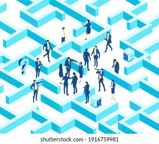 Isometric 3D labyrinth business environment. Business management. Isometric space,  business people in maze working together 