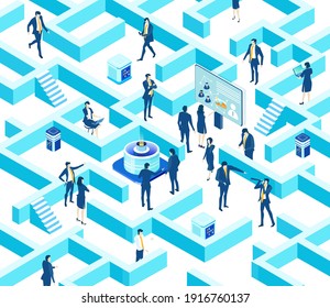 Isometric 3D labyrinth business environment. Business management. Isometric space,  business people in maze looking for the way to solve the puzzle