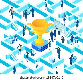 Isometric 3D labyrinth business environment. Business management. Isometric space,  business people in maze working together next to golden trophy