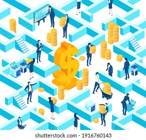 Isometric 3D labyrinth business environment. Business management. Isometric office space,  business people, bankers working with golden coins and dollar sign. Saving, earnings, investment strategy