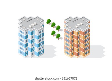 Isometric 3D landscape of the city. Top view of dimensional town modern houses and skyscrapers of urban blocks