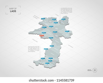 Isometric  3D Laos map. Stylized vector map illustration with cities, borders, capital Vientiane , administrative divisions and pointer marks; gradient background with grid. 
