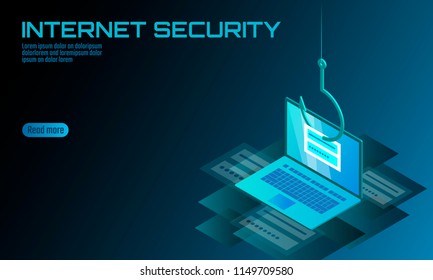 Isometric 3D laptop login password phishing. Personal information account email hacker. Spam antivirus internet security spam concept banner template card vector illustration