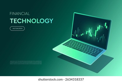 Notebook 3D isométrico com gráfico de ações para análise do mercado financeiro e tendências de investimento ou comércio de criptografia em fundo futurista verde perfeito para dados de mercado de tecnologia Fintech