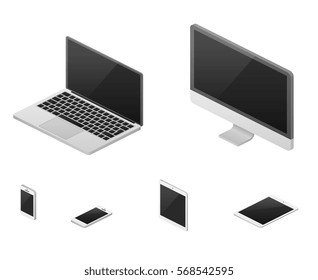 Isometric 3d Laptop, Tablet, Smartphone, Computer Screen Responsive Web Design Vector Elements. Set Of Device With Flat Screen, Illustration Of Device For Communication.