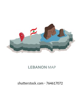Isometric 3d Lebanon Map,flag And Raouché (Pigeon Rocks) Vector Illustration