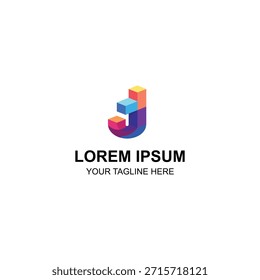 Logotipo isométrico de la letra J 3D con cubos geométricos coloridos, para la marca creativa del negocio.