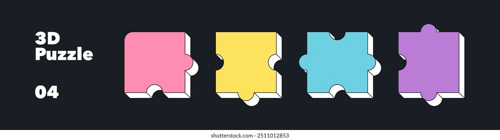 Quebra-cabeça de linha 3D isométrica de quatro partes isoladas em fundo escuro. Conceito de solução de quebra-cabeça, trabalho em equipe para negócios e infográficos. Ilustração vetorial colorida.