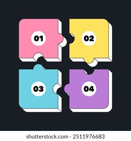 Isometric 3d line puzzle of four part isolated on dark background. Concept of jigsaw solution, teamwork for business and infographics. Colorful vector illustration.