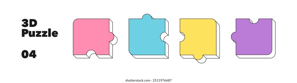 Quebra-cabeça de linha 3D isométrica de quatro partes isoladas sobre fundo branco. Conceito de solução de quebra-cabeça, trabalho em equipe para negócios e infográficos. Ilustração vetorial colorida.