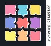 Isometric 3d line puzzle of nine part isolated on dark background. Concept of jigsaw solution, teamwork for business and infographics. Colorful vector illustration.