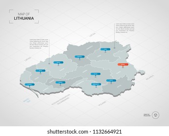 Isometric  3D Lithuania map. Stylized vector map illustration with cities, borders, capital Vilnius , administrative divisions and pointer marks; gradient background with grid. 