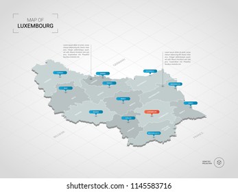 Isometric  3D Luxembourg map. Stylized vector map illustration with cities, borders, capital Luxembourg , administrative divisions and pointer marks; gradient background with grid. 
