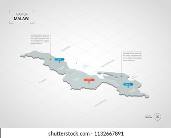 Isometric  3D Malawi map. Stylized vector map illustration with cities, borders, capital Lilongwe , administrative divisions and pointer marks; gradient background with grid. 