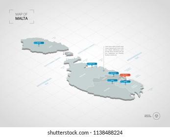 Isometric  3D Malta map. Stylized vector map illustration with cities, borders, capital Valletta , administrative divisions and pointer marks; gradient background with grid. 