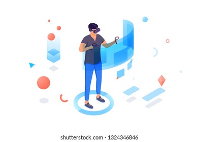 Isometric 3d man with helmet and controllers in virtual reality. Concept characters with modern interface in new world. Low poly. Vector illustration.