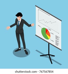 Isometric 3d Of A Man Presenting The Summary Sales Project To Improve His Company's  Profits Of The Year. Illustration Flat Vector Design. 