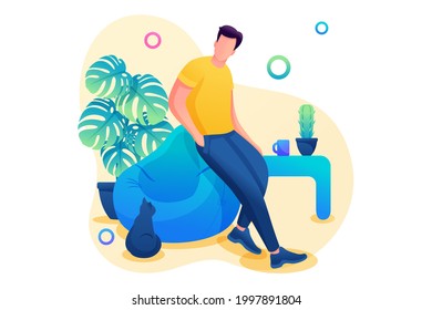 Isometric 3D. Man Remains At Home In Lockdown Mode. An Epidemic. Concept For Web Design