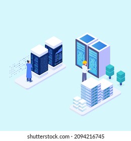 
Isometric 3D Man Working in Data Center, Database Server Hosting Technical Room, Flat Vector Illustration