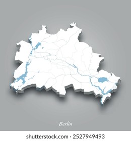 Mapa isométrico 3D de Berlín que muestra ríos y lagos en azul con un fondo gris
