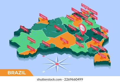 Isometric 3D Map of Brazilian Regions and Administrative Divisions