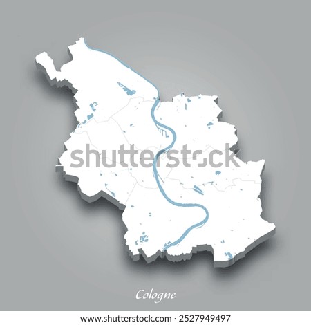 Isometric 3D map of Cologne showing rivers and lakes in blue with a gray background