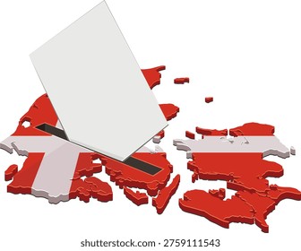 Isometric 3D map of Denmark with national flag colors acting as a ballot box with a white voting paper being inserted, representing democracy and political choice. (cut out)