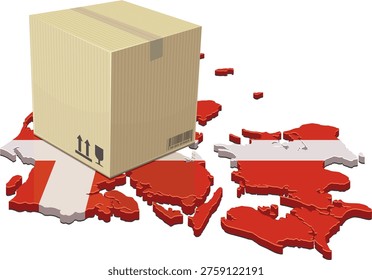 Isometric 3D map of Denmark with national flag colors featuring a cardboard parcel box, representing e-commerce, international shipping, and supply chain logistics. (cut out)