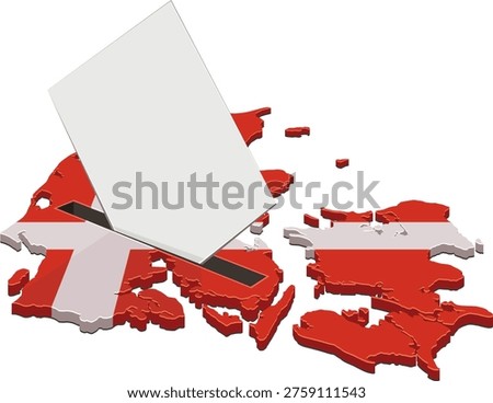 Isometric 3D map of Denmark with national flag colors acting as a ballot box with a white voting paper being inserted, representing democracy and political choice. (cut out)