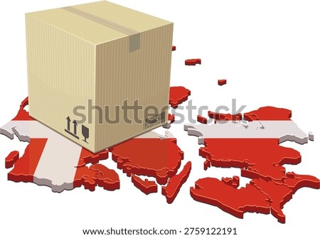 Isometric 3D map of Denmark with national flag colors featuring a cardboard parcel box, representing e-commerce, international shipping, and supply chain logistics. (cut out)