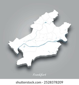 Mapa isométrico 3D de Frankfurt mostrando os rios e lagos em azul com um fundo cinza