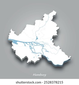 Isometric 3D map of Hamburg showing rivers and lakes in blue with a gray background