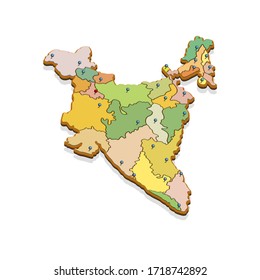 Isometric 3D map of the India with regions. Isolated political country map in perspective with administrative divisions and pointer marks. Detailed map of India. Concept for infographic. Vector EPS10