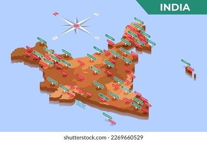 Isometric 3D Map of Indian Regions and Administrative Divisions
