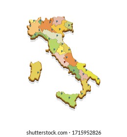Mapa isométrico 3D de Italia. Mapa político aislado del país en perspectiva con divisiones administrativas y marcas de puntero. Mapa detallado de Italia con las regiones. Concepto de infografía. Vector EPS10