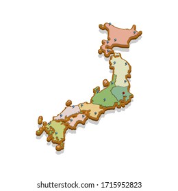 Mapa isométrico 3D del Japón. Mapa político aislado del país en perspectiva con divisiones administrativas y marcas de puntero. Mapa detallado de Japón con regiones. Concepto de infografía. Vector EPS10