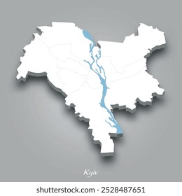 Mapa 3D isométrico de Kiev mostrando rios e lagos em azul com um fundo cinza