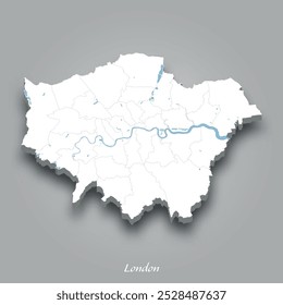 Mapa isométrico 3D de Londres que muestra ríos y lagos en azul con un fondo gris